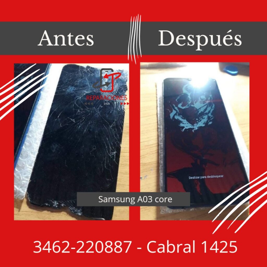 Antes y después de cambio de módulo en Samsung a03 core